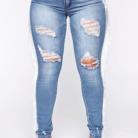 High rise medium wash jeans with fringe - Picture 2 of 7